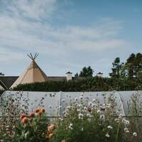 A tipi protrudes out behind a gorgeous wildflower garden and greenhouse